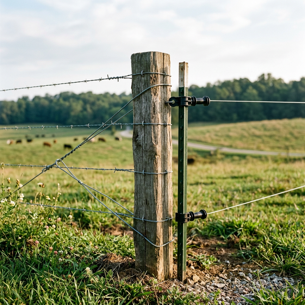 Barbed wire on a wooden fence post beside electric fence wire and insulators overlooking a cattle pasture.