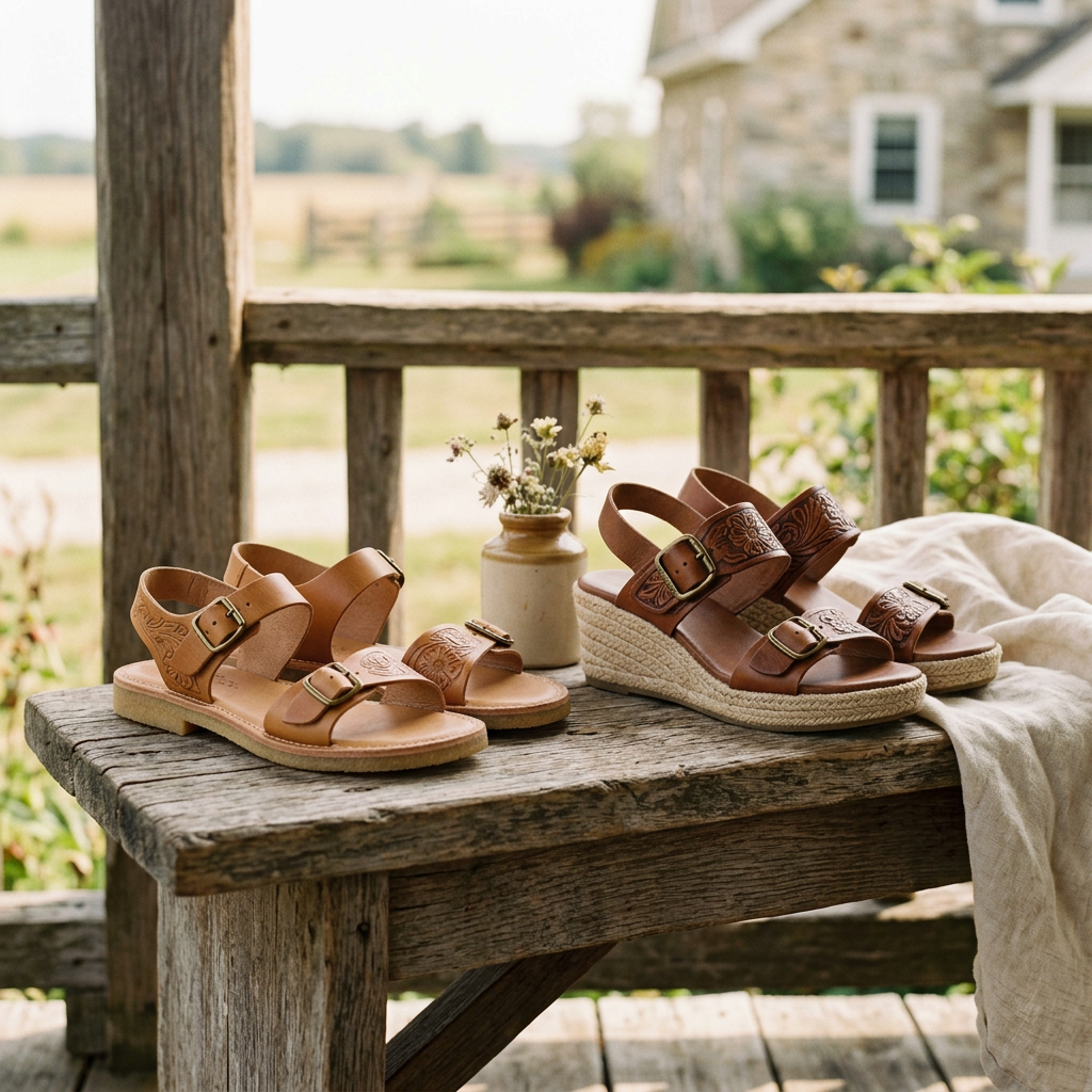 Tan leather sandals and brown wedge sandals on a rustic wooden porch bench.