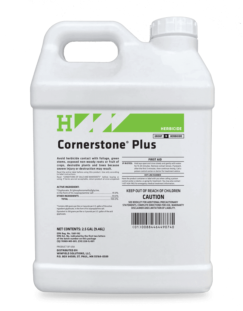 Cornerstone Plus herbicide 2.5-gallon jug with green and white label, containing 41% glyphosate isopropylamine salt.