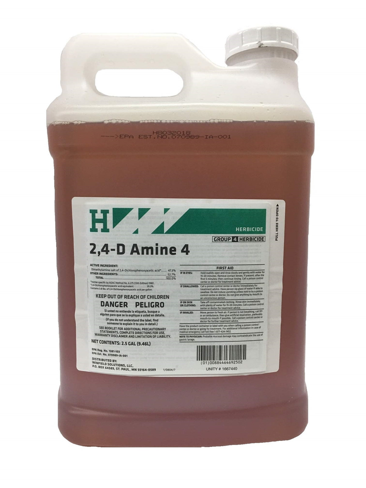 2,4-D Amine 4 herbicide jug with product label.