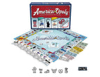 America-Opoly board game setup with board, cards, play money, dice, and six patriotic-themed tokens