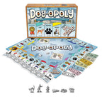 Dog-Opoly new design board game setup with board, cards, play money, dice, and six dog-themed tokens