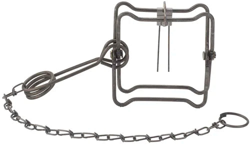 Duke #110 BT trap, model 0400, shown with square metal jaws, spring, and attached chain.