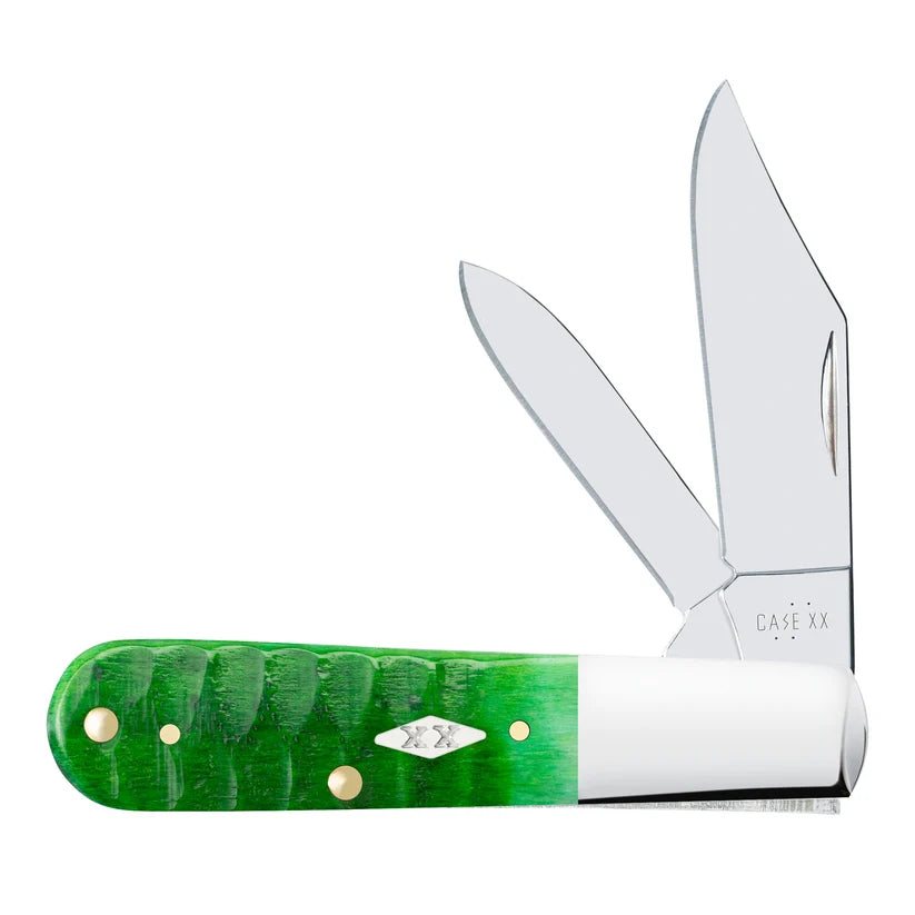 Case Gator Jigged Bright Green Bone Barlow knife with Clip and Pen blades open