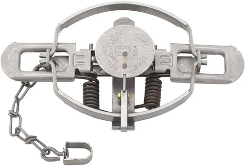 Duke #3 CS trap, model 0500, shown open with round jaws, twin springs, and an attached chain.