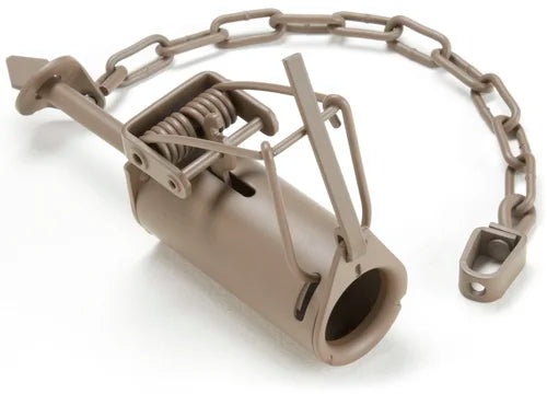 Duke DP Coon Trap, model 0510, showing the metal tube opening, spring mechanism, and attached chain.