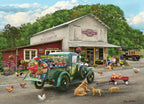 General Store puzzle artwork showing a country store, vintage green grocery truck, chickens, dogs, flowers, and fruit