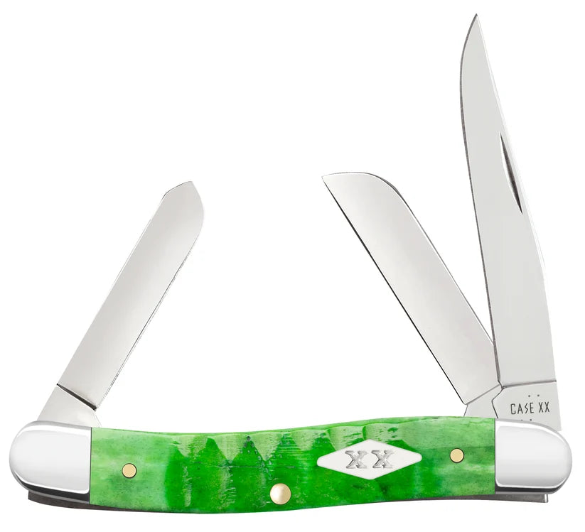 Case Gator Jigged Bright Green Bone Medium Stockman knife with Clip, Sheepfoot and Spey blades open