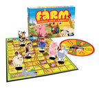 Farm Snakes and Ladders game set with board, farm animal pawns, spinner, and box