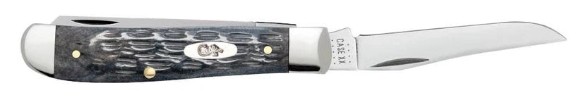 Case Gray Bone Mini Trapper pocket knife, side view with the Clip blade open and the remaining blade folded