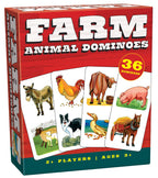 Farm Animal Dominoes box featuring illustrated farm animals, 36 dominoes, and ages 3+ for two or more players