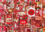 Red puzzle collage artwork filled with vintage objects, flowers, hearts, dominoes, books, and red memorabilia