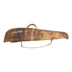 1. Front view of Myra Hunter leather gun case with exterior zipper pocket, handles and shoulder strap
