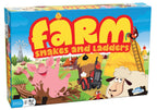 Farm Snakes and Ladders game box with colorful farm animals, haystacks, muddy slides, and ages 3+