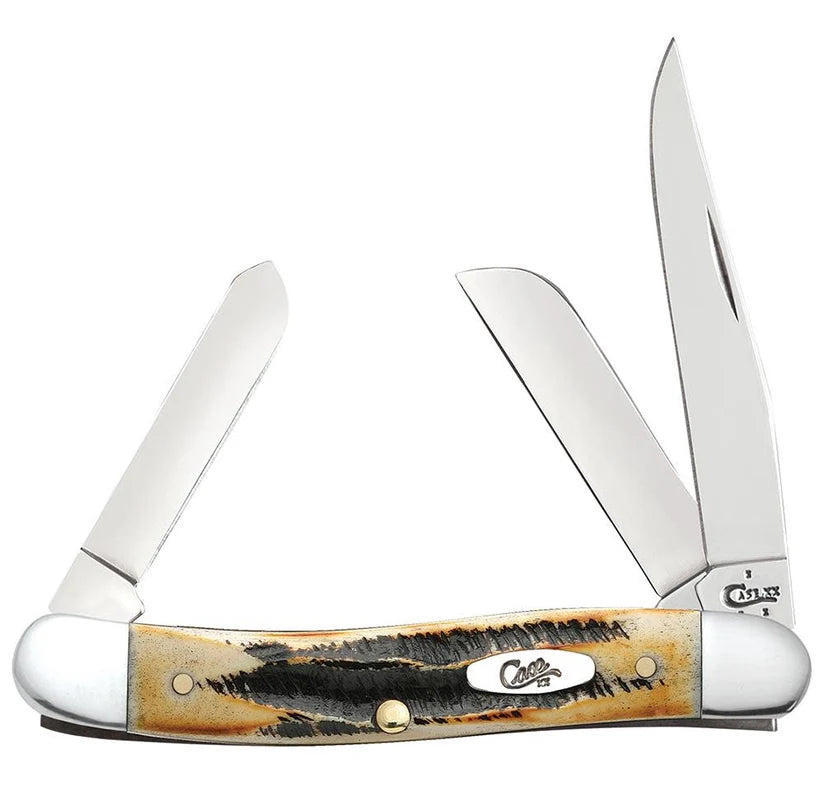 Case 6.5 BoneStag Medium Stockman knife with Clip, Sheepfoot, and Spey blades partially open