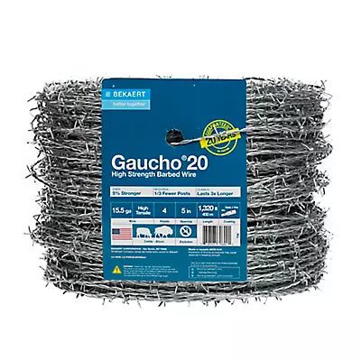 Bekaert Gaucho 20 high-tensile barbed wire roll with product label
