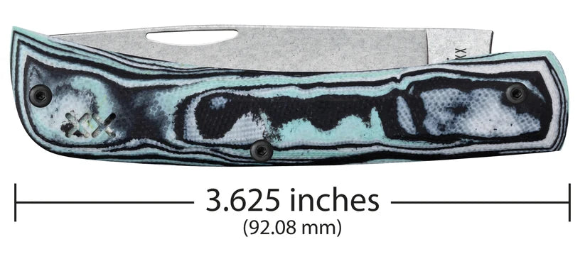 Case XR Sod Buster Jr. Seafoam Green Burl G-10 knife showing 3.625-inch closed length