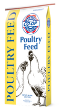 White and yellow Co-op Poultry Feed bag with chicken illustrations and a 50 lb net weight label.