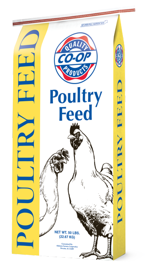 White and yellow Co-op Poultry Feed bag with chicken illustrations and a 50 lb net weight label.