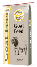 Co-op Goat Feed 50 lb bag with a goat illustration and yellow, gray, and white packaging.