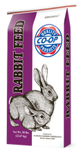 Purple and white Co-op rabbit feed bag with two rabbit illustrations.