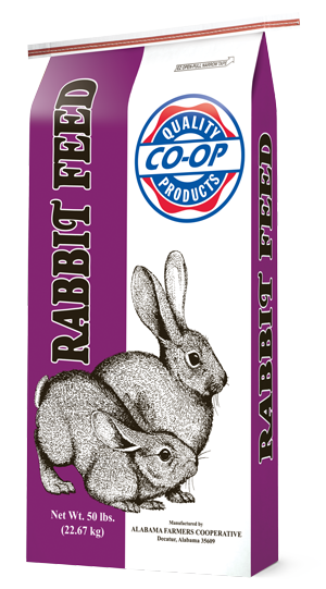 Purple and white Co-op rabbit feed bag with two rabbit illustrations.