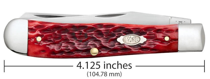 Case Peach Seed Jig Dark Red Bone CS Trapper knife closed, 4.125 inches long