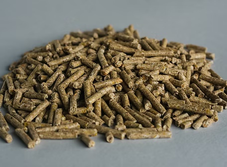 Close-up of Hillsboro Non-GMO 18% dairy goat feed pellets piled on a gray surface.