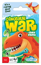 Front of Dinosaur War card game box for ages 4 and up
