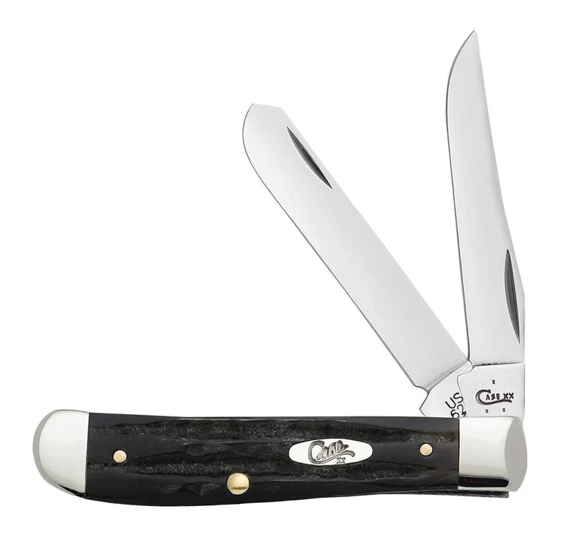 Case Jigged Buffalo Horn Mini Trapper knife with Clip and Spey blades partially open