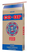 Tan Co-op Feed 50 lb bag with red and blue logos and Alabama Farmers Cooperative branding