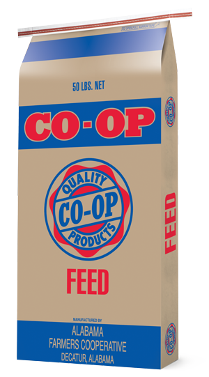 Tan Co-op Feed 50 lb bag with red and blue logos and Alabama Farmers Cooperative branding