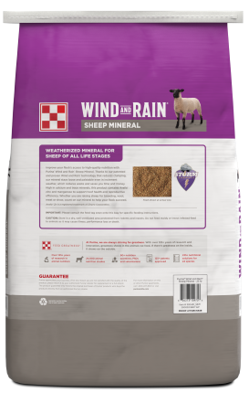 Back of Purina Wind and Rain Sheep Mineral bag showing product information.
