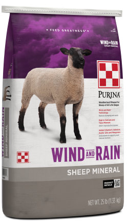 Front of Purina Wind and Rain Sheep Mineral 25 lb bag