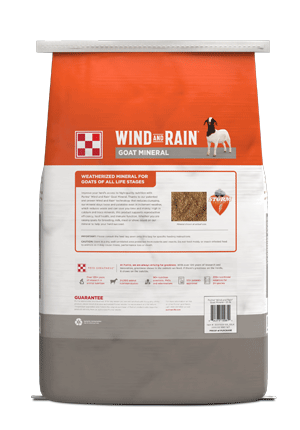 Back of Purina Wind and Rain Goat Mineral bag showing product information.