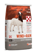 Front of Purina Wind and Rain Goat Mineral bag