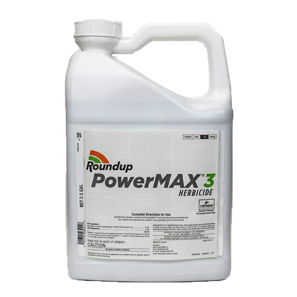 Roundup PowerMAX 3 herbicide white jug with white cap, handle, and black-and-green label
