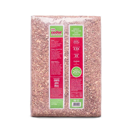 Back of PetsPick Red Cedar Bedding package showing product information and cedar shavings.