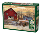Winter on the Farm 1000-piece puzzle box featuring a red barn, horses, vintage tractor, farmhouse, and snow-covered fields
