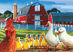 Dwight's Ducks 35-piece tray puzzle artwork featuring ducks, ducklings, a rooster, red barns, blue fences, and a sunny farm