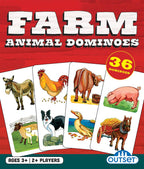 Farm Animal Dominoes box front with donkey, rooster, cow, pig, sheep, dog, duck, and horse illustrations
