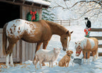 Barnyard Greetings 35-piece Christmas tray puzzle artwork featuring horses, a pony, sheep, dog, cat, snow, and a decorated barn