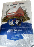 Vermont Poultry Grit Grower 50 lb bag with a red barn, chicken and turkey illustrations, and visible crushed granite.