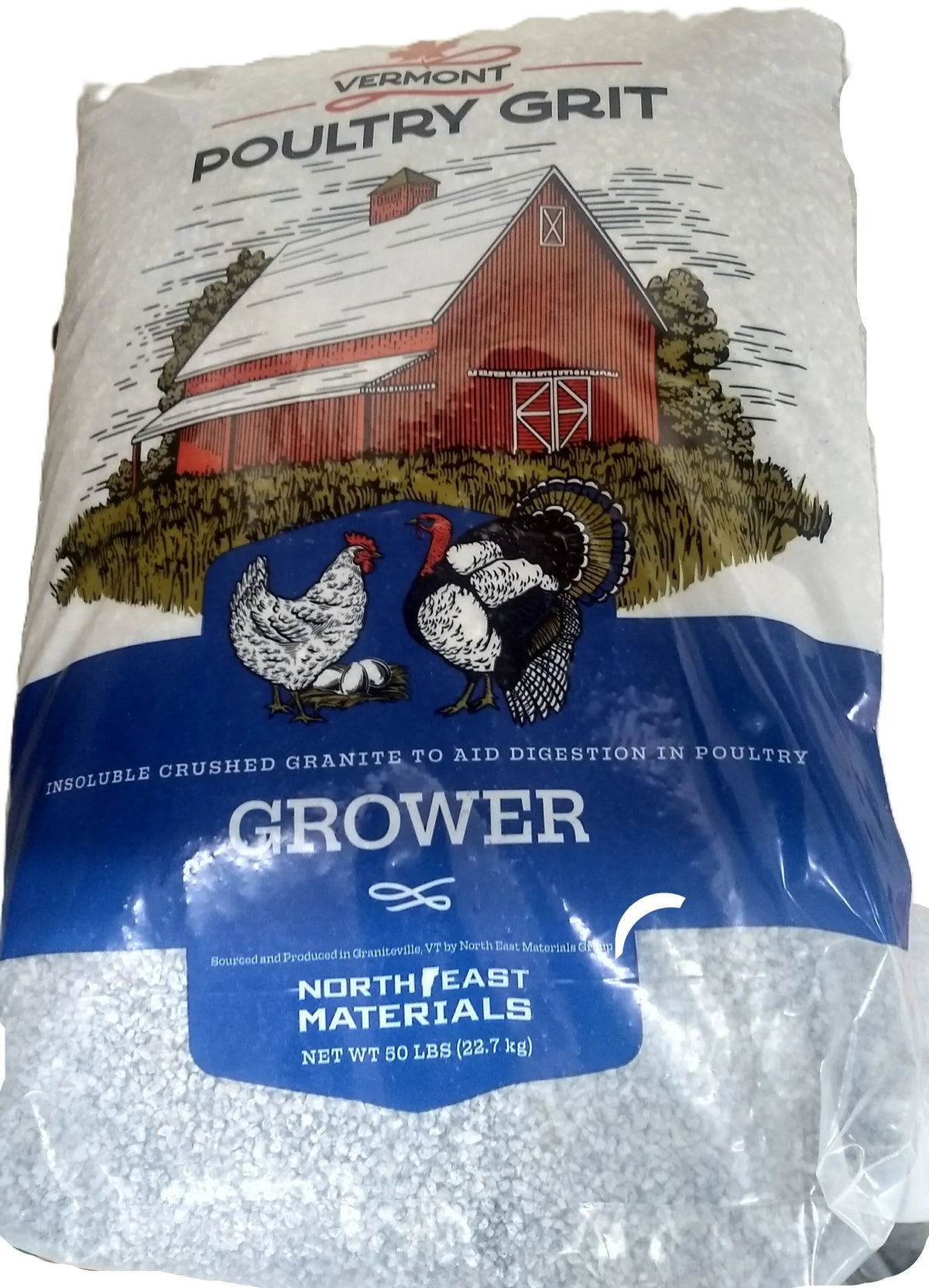 Vermont Poultry Grit Grower 50 lb bag with a red barn, chicken and turkey illustrations, and visible crushed granite.