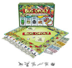 Bug-Opoly board game setup with board, cards, play money, dice, and six insect-themed tokens