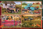 It's a Dog's Life puzzle artwork showing four postcard-style farm scenes with dogs, flower trucks, vintage vehicles, and countryside