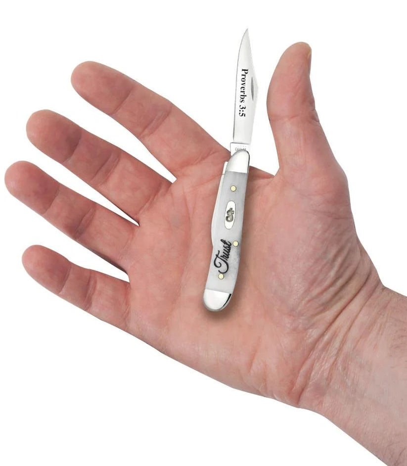 Case Trust Peanut pocket knife held in a hand with one blade open, showing its small pocket size