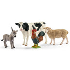 Schleich Barnyard Buddies set with donkey, black-and-white cow, rooster, and sheep figures on a white background.