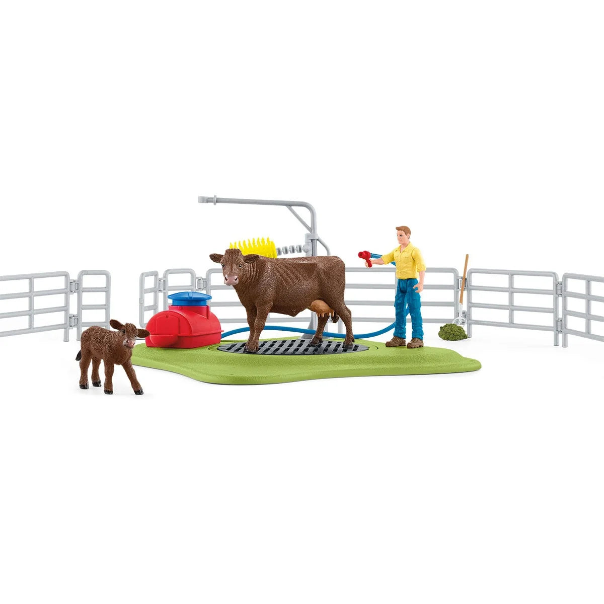 Front view of Schleich Happy Cow Wash with cow beneath a yellow brush, calf, and farmer holding a hose.