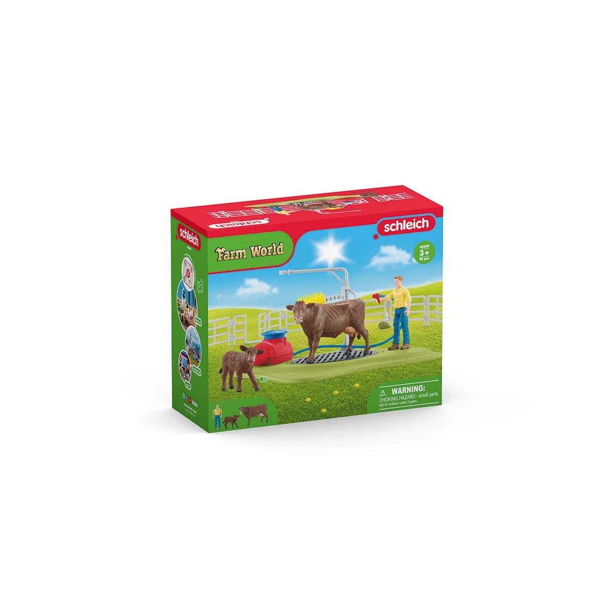 Schleich Happy Cow Wash playset box showing a cow, calf, farmer, and wash station.